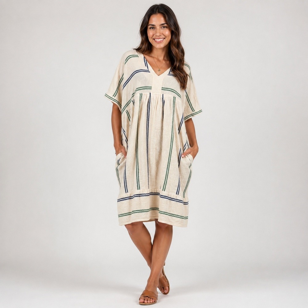 World Market Cotton Kaftan Dress One Size Cream Blue Green Stripe Boho Coastal